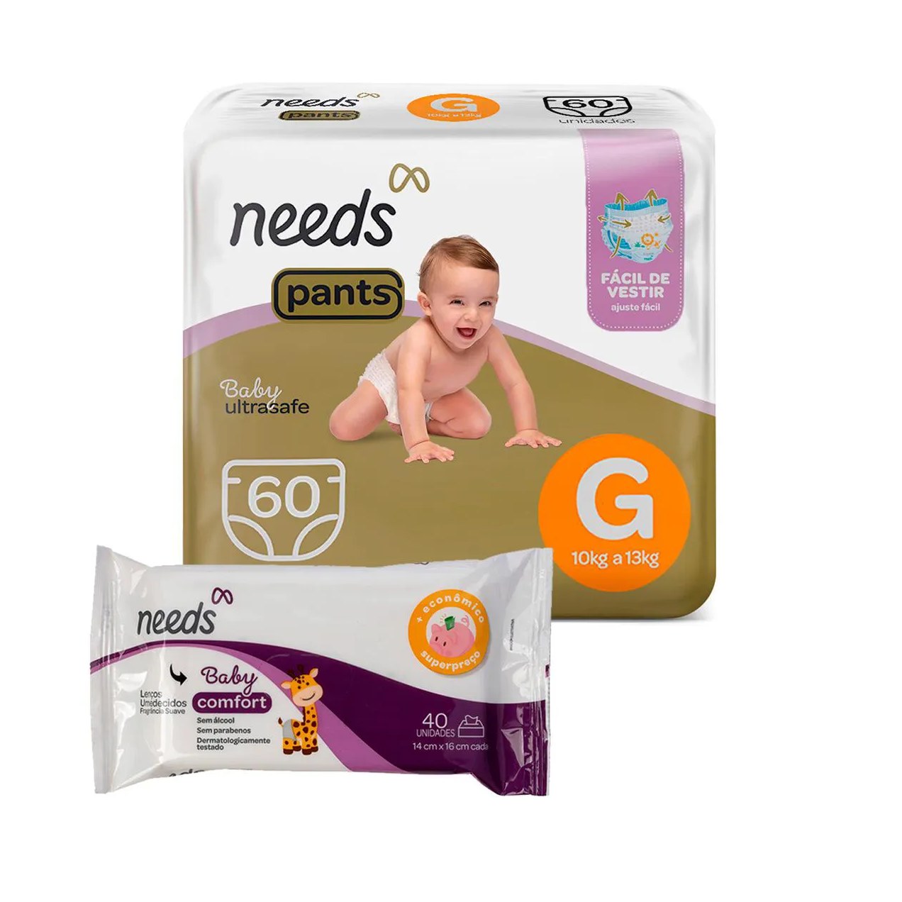Kit Fralda Calça Needs Ultrasafe G 60 un + Lenço Umedecido Needs Comfort 40 un