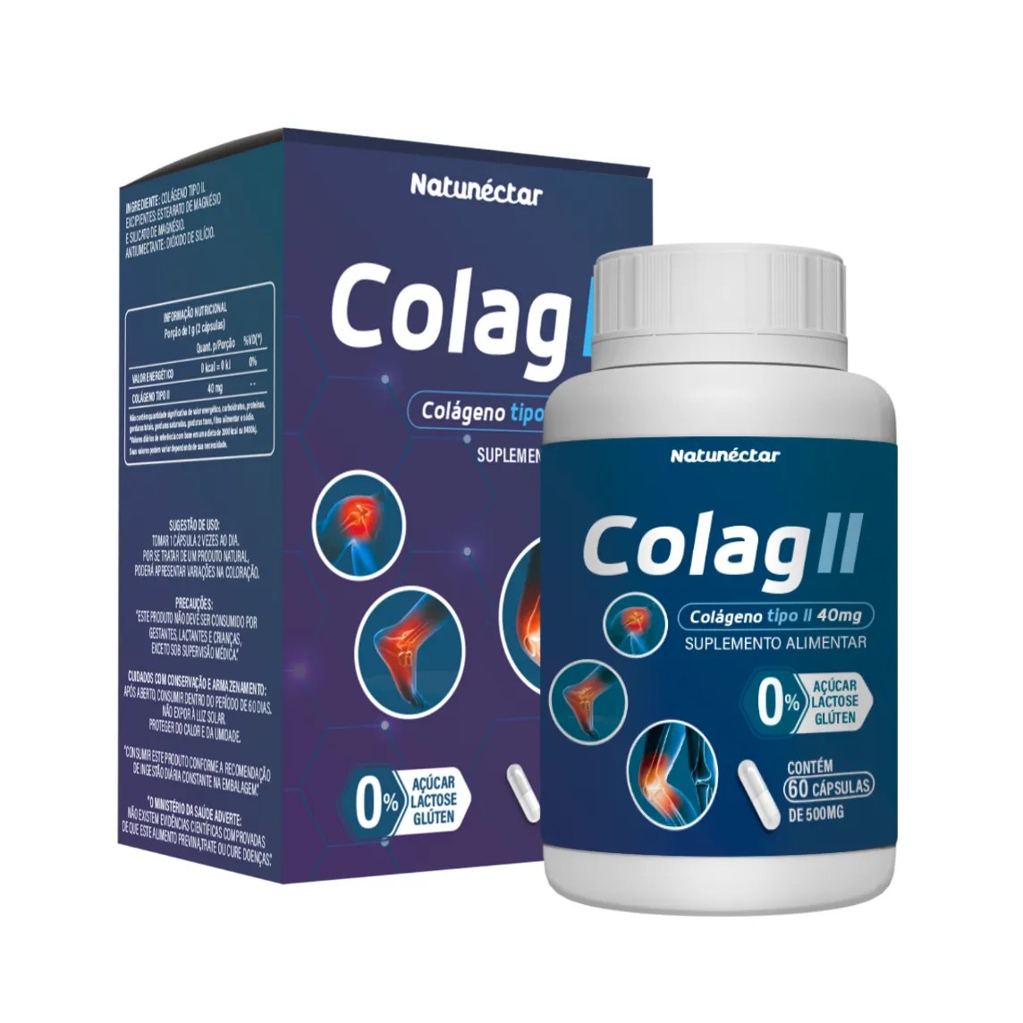 Colágeno Tipo II 500mg Fortalecimento de Articulções e Ossos Natunéctar - 60 Cápsulas