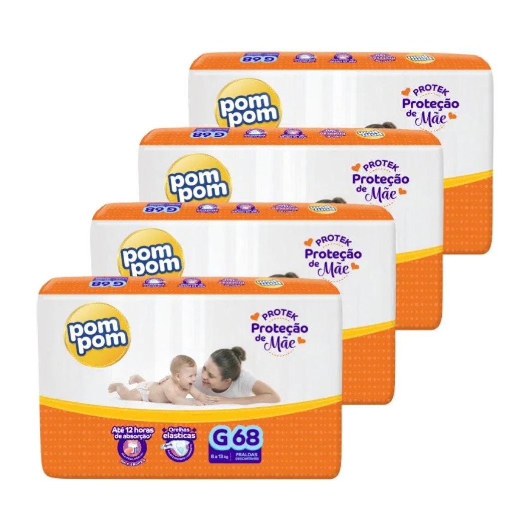 Fralda Descartável Pom Pom Derma Protek Tamanho G - 4 Pacotes com 68 Fraldas - Total 272 Tiras