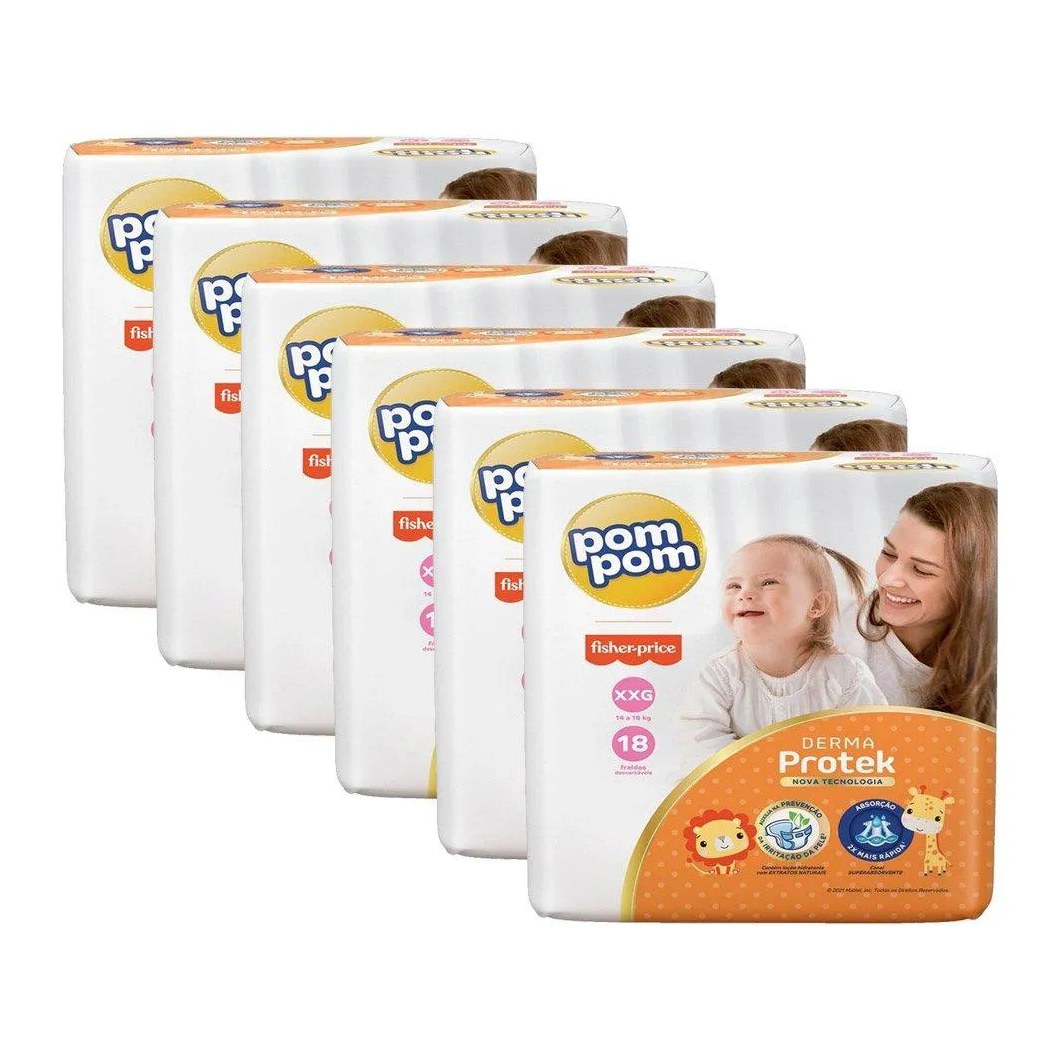 Fralda Descartável Pom Pom Derma Protek Jumbo Tamanho Xxg - 6 Pacotes com 18 Fraldas - Total 108 Tiras
