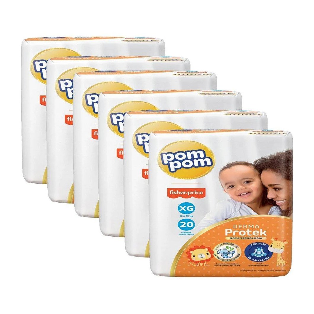 Fralda Descartável Pom Pom Derma Protek Jumbo Tamanho Xg - 6 Pacotes com 20 Fraldas - Total 120 Tiras