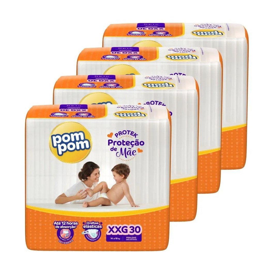 Fralda Descartável Pom Pom Derma Protek Tamanho Xxg - 4 Pacotes com 30 Fraldas - Total 120 Tiras