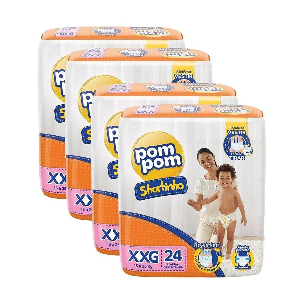 Fralda Descartável Pom Pom Shortinho Jumbo Tamanho Xxg - 4 Pacotes com 24 Fraldas - Total 96 Tiras