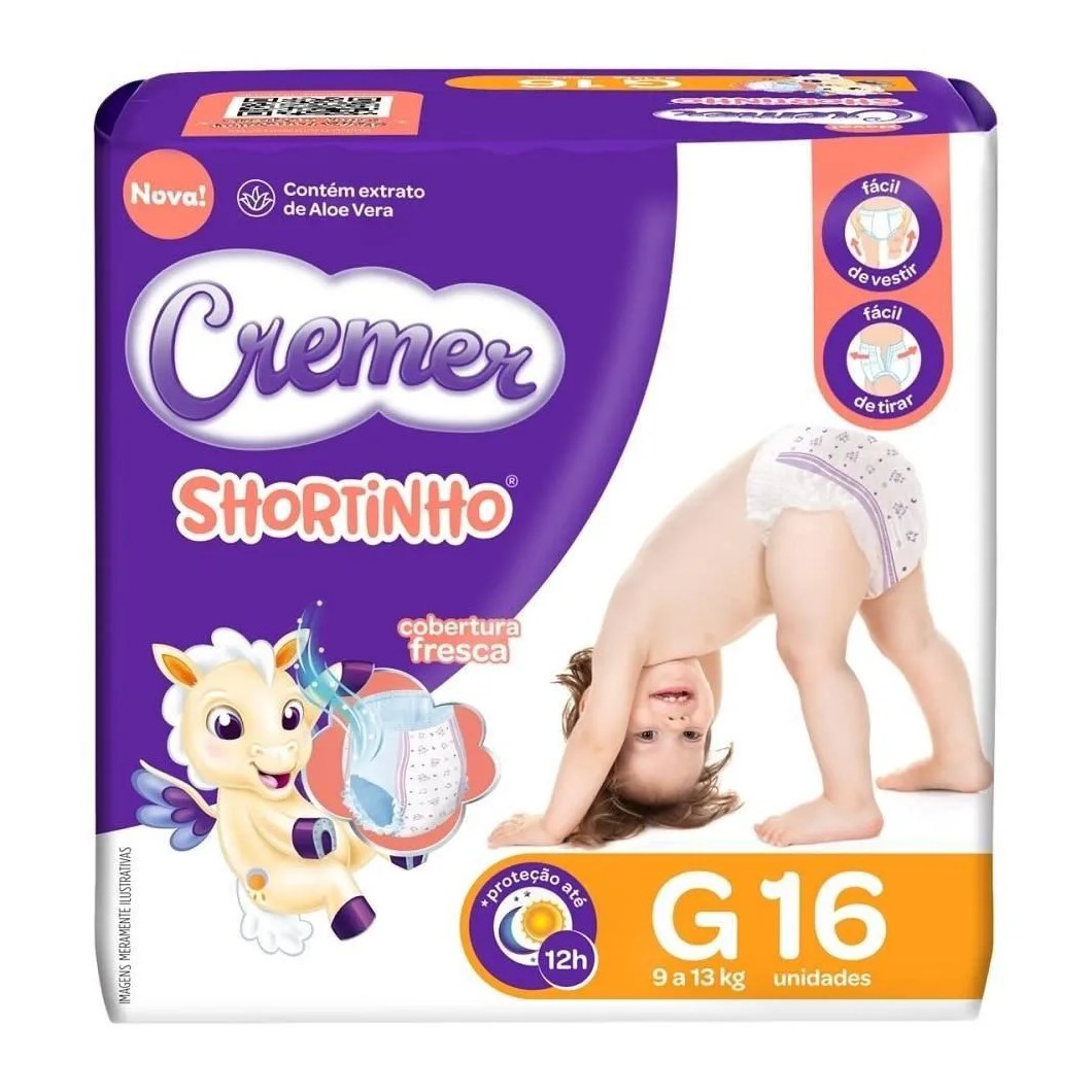 Fralda Descartável Cremer Shortinho Jumbinho Tamanho G - 8 Pacotes com 16 Fraldas - Total 128 Tiras