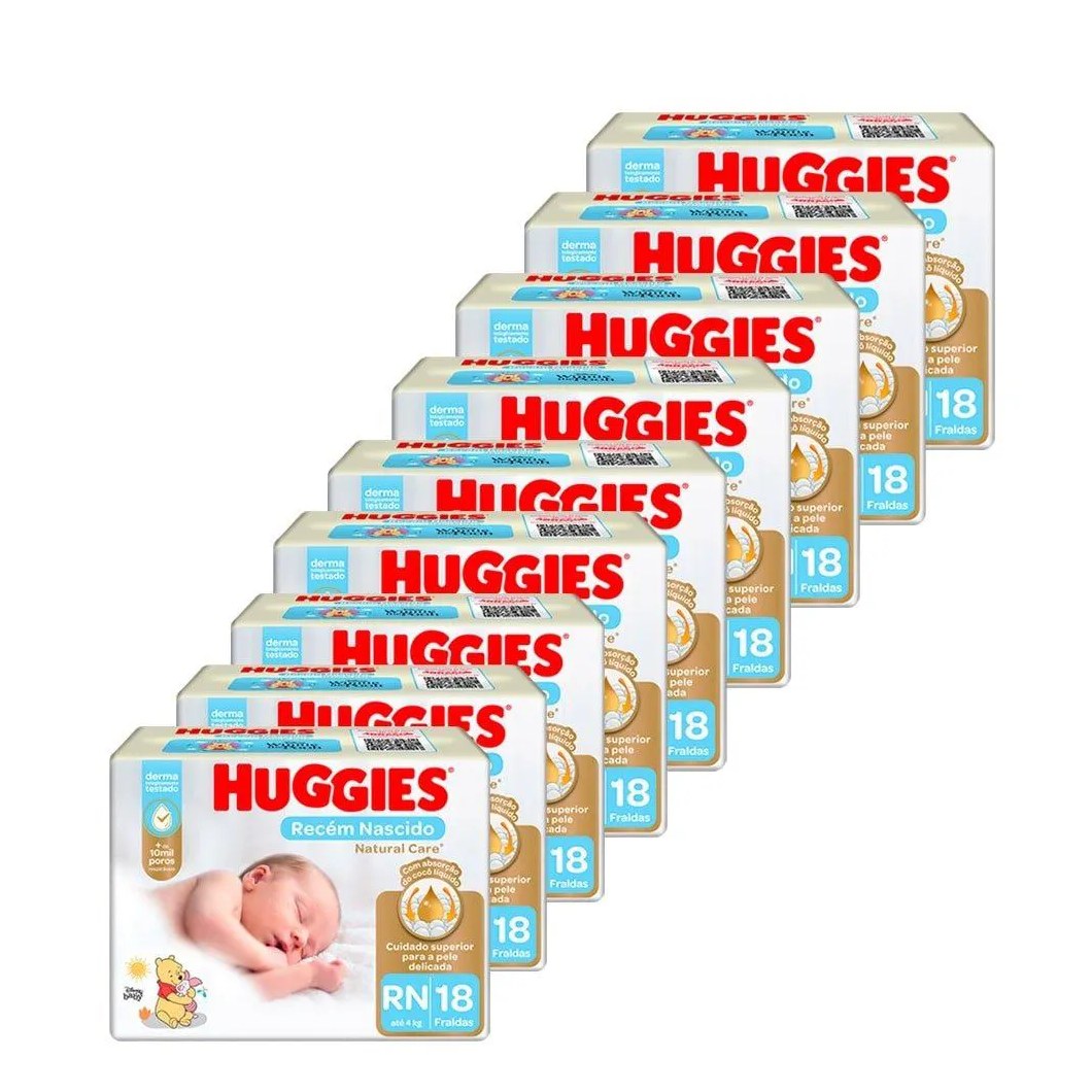 Fralda Descartável Huggies Natural Care | Recém Nascido, 9 Pacotes com 18 Fraldas - Total 162 Tiras