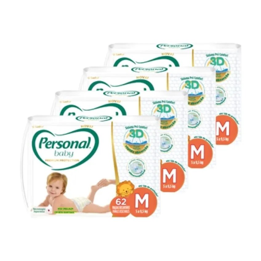 Fralda Descartável Personal Premium Hiper Media - 4 Embalagens com 62 Fraldas - Total de 248 Tiras