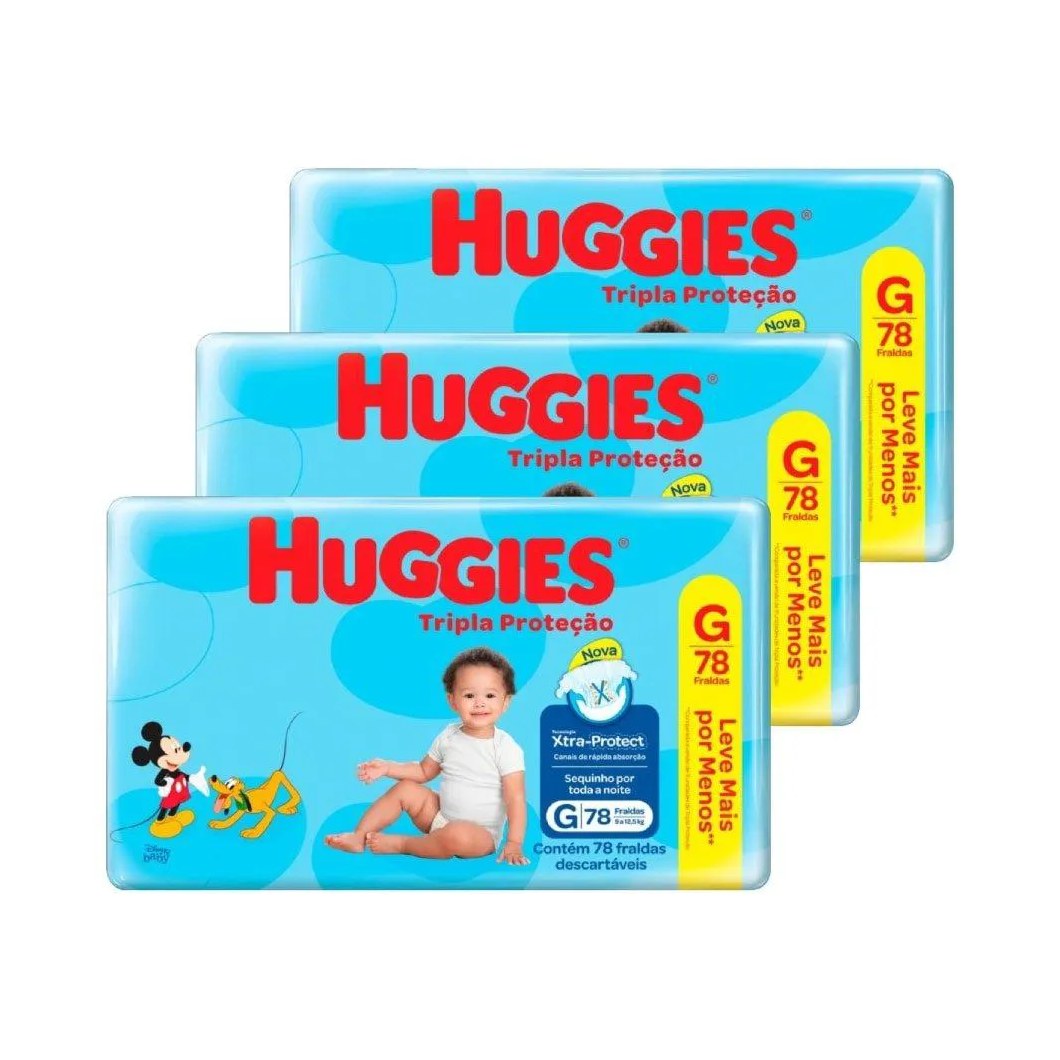 Fralda Descartável Huggies Hiper Tripla Proteção Tamanho G - 3 Pacotes com 78 Fraldas - Total 234 Tiras