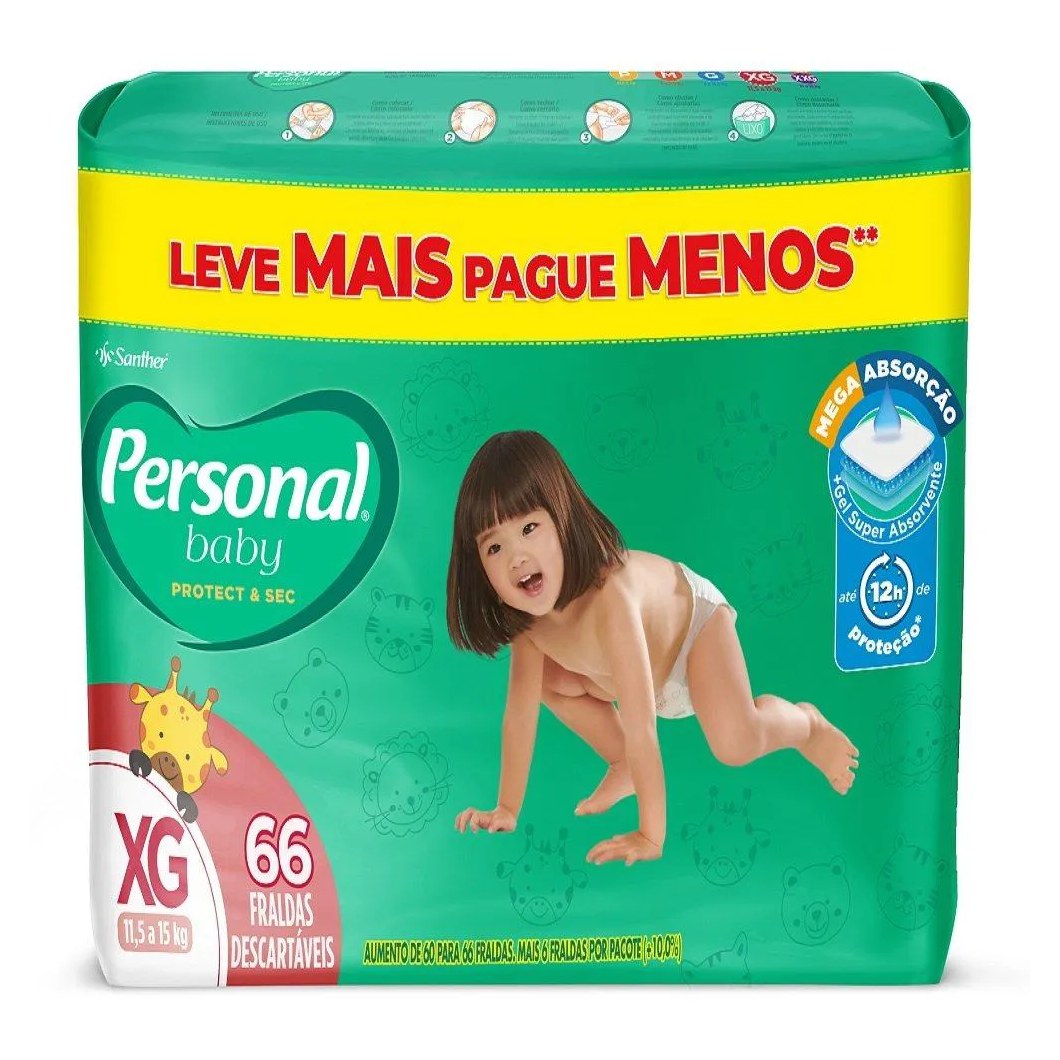 Fralda Descartável Personal Giga Extra Grande - 4 Embalagem com 66 unidades - Total de 264 Tiras