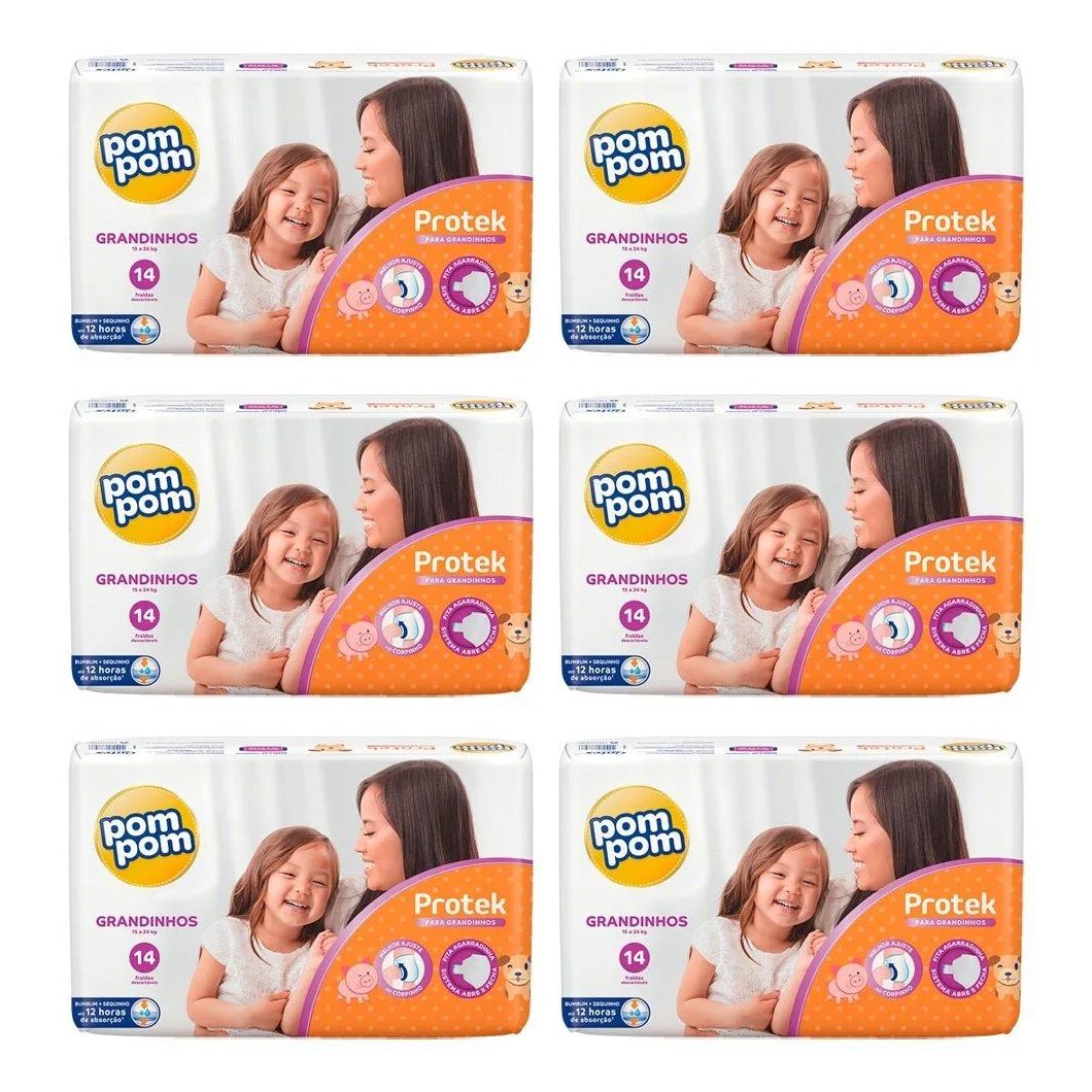 Fralda Descartável Pom Pom Protek Baby Jumbo Grandinhos Tamanho Xxg - 6 Pacotes com 14 Fraldas - Total de 84 Tiras