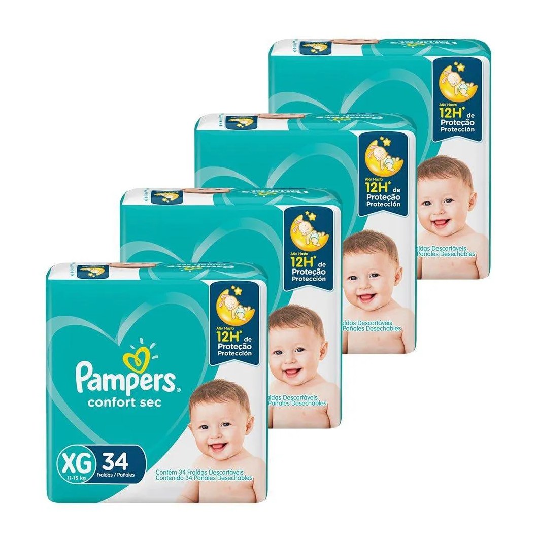 Fralda Descartável Pampers Confort Sec Tamanho Xg - 4 Pacotes com 34 Fraldas - Total 136 Tiras