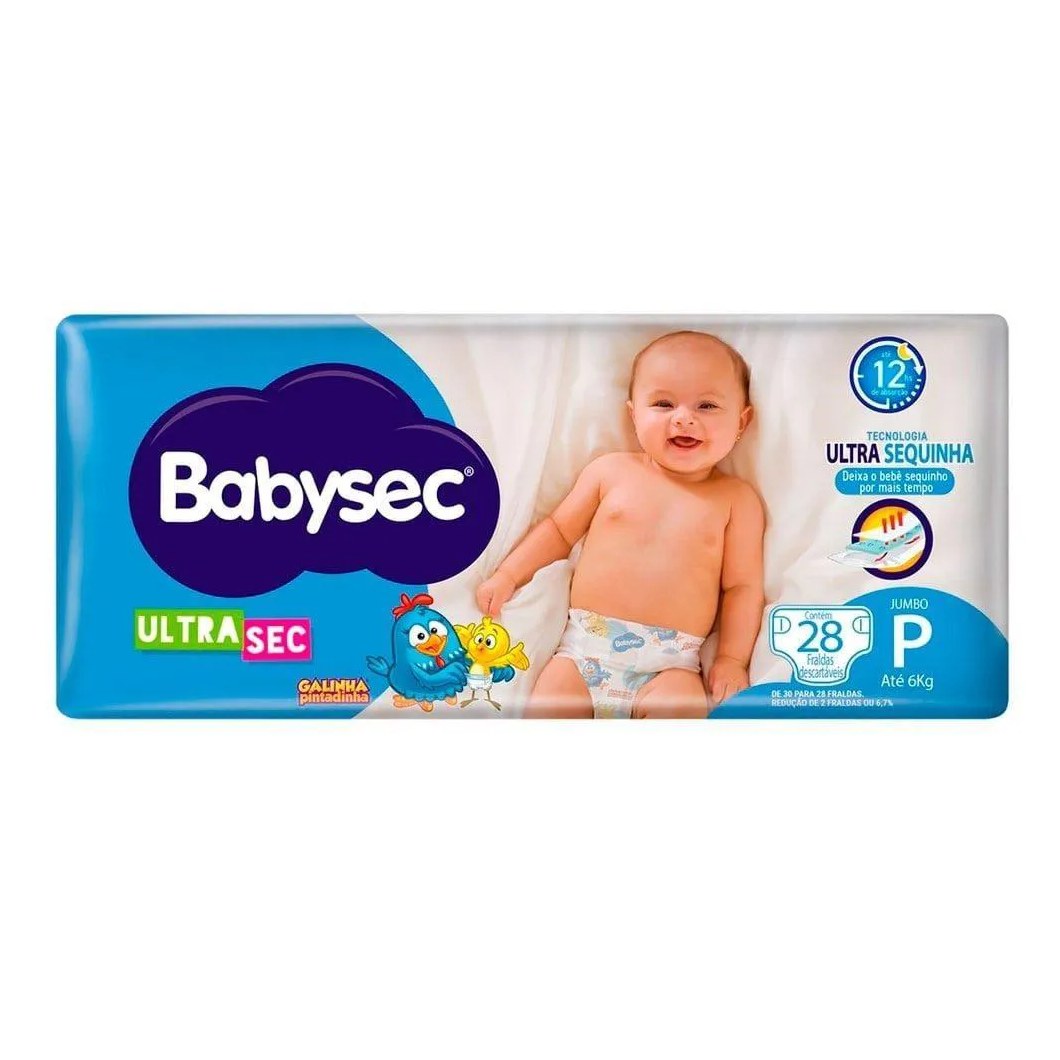 Fralda Descartável Babysec Galinha Pintadinha Ultra Sec Jumbo Tamanho P - 8 Pacotes com 28 Fraldas - Total 224 Tiras