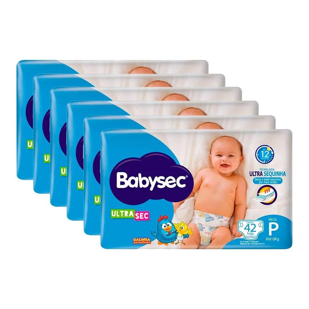 Fralda Descartável Babysec Ultra Mega Galinha Pintadinha Tamanho P - 6 Pacotes com 42 Fraldas - Total 252 Tiras