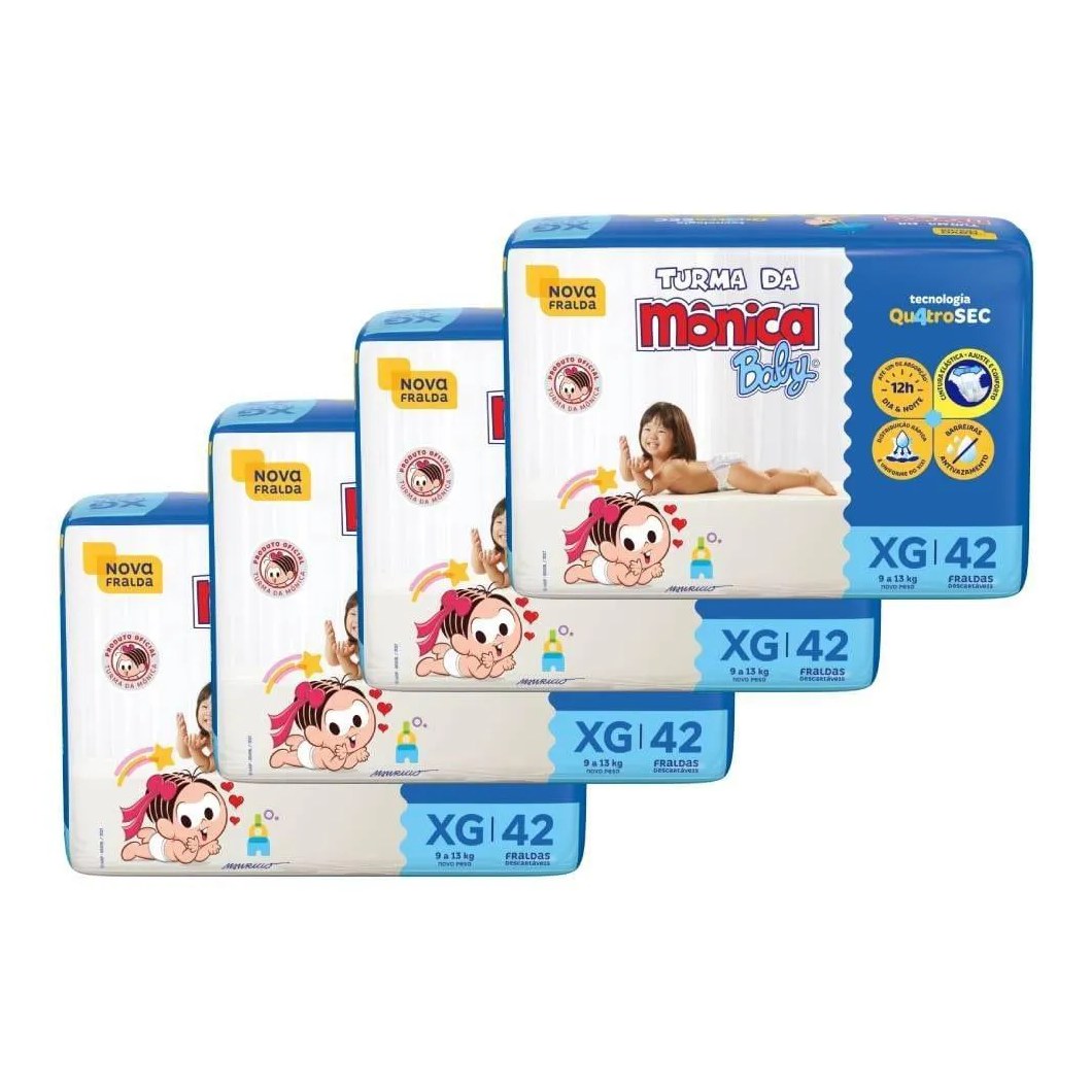 Fralda Descartável Turma da Mônica Tamanho Xg - 4 Pacotes com 42 Fraldas - Total 168 Tiras