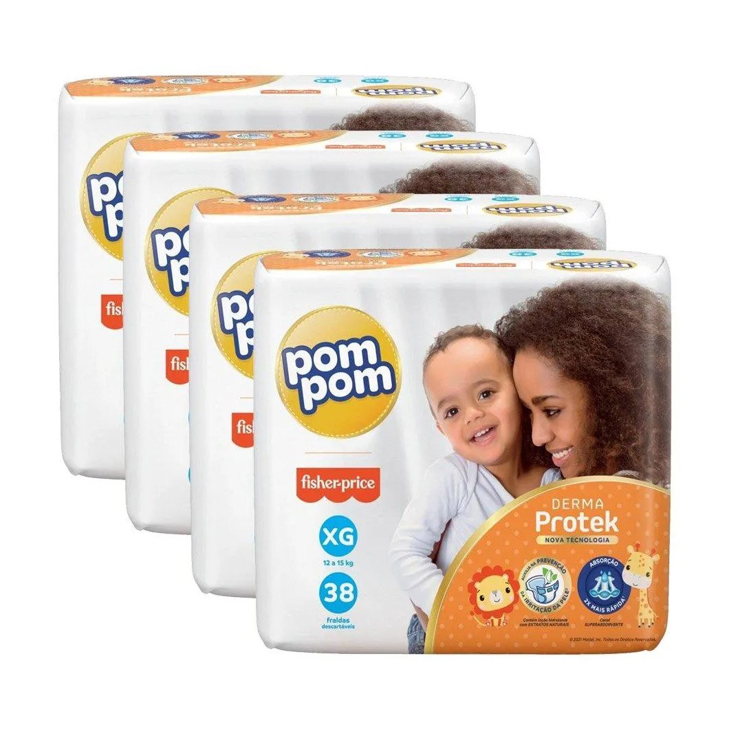 Fralda Descartável Pom Pom Derma Protek Mega Tamanho Xg - 4 Pacotes com 38 Fraldas - Total 152 Tiras