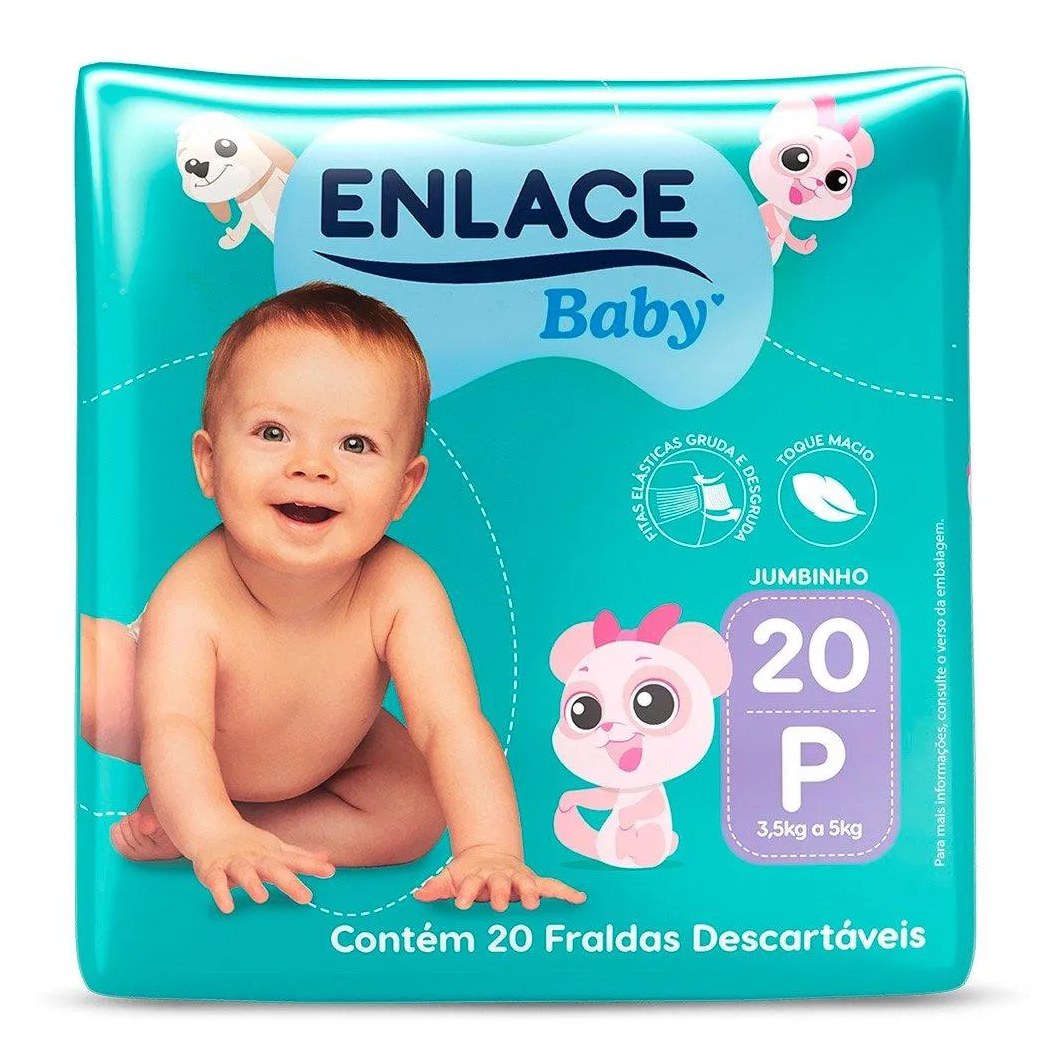 Fralda Descartável Enlace Baby Jumbinho Tamanho P - 9 Pacotes com 20 Fraldas - Total 180 Tiras