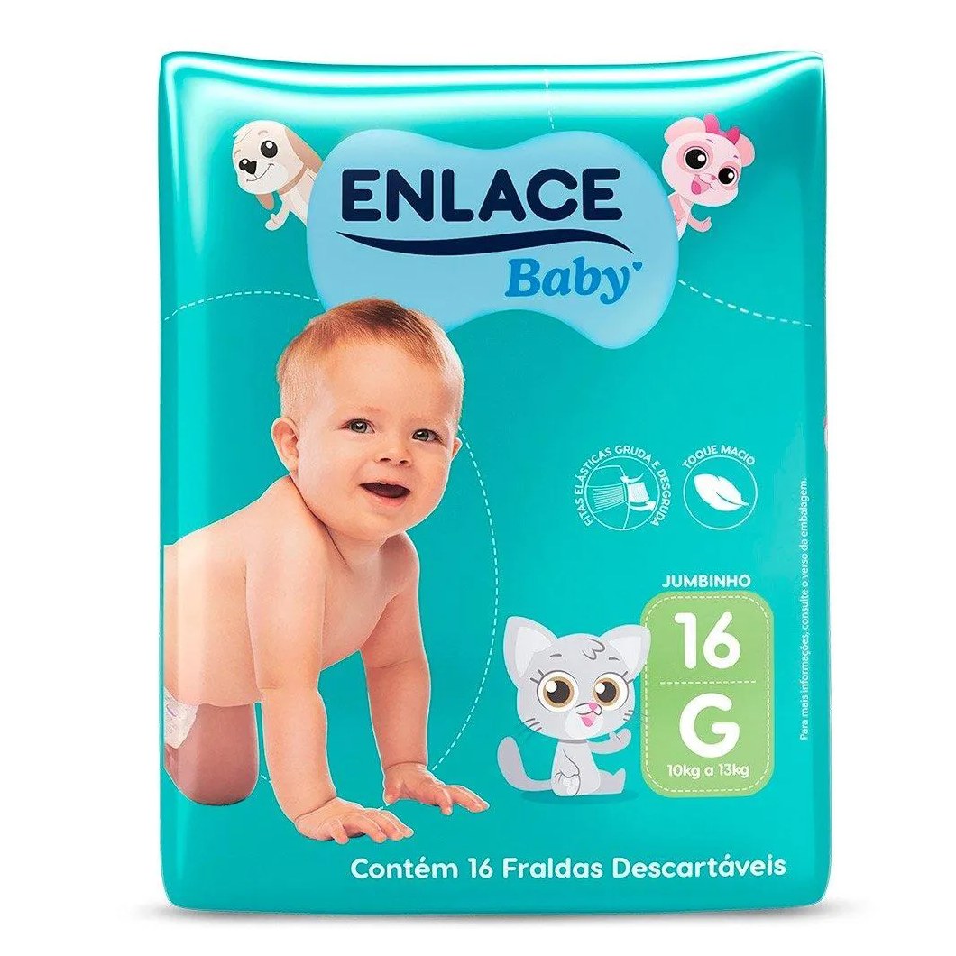 Fralda Descartável Enlace Baby Jumbinho Tamanho G - 9 Pacotes com 16 Fraldas - Total 144 Tiras
