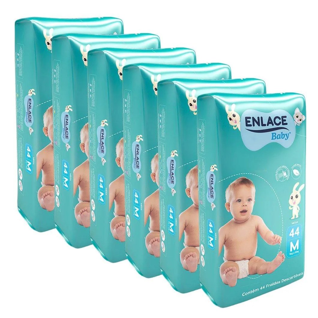 Fralda Descartável Enlace Baby Mega Tamanho M - 6 Pacotes com 44 Fraldas - Total 264 Tiras