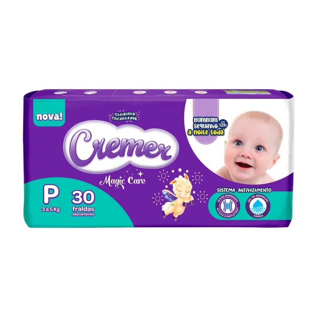 Fralda Descartável Cremer Jumbo Tamanho P - 8 Pacotes com 30 Tiras - Total 240 Tiras