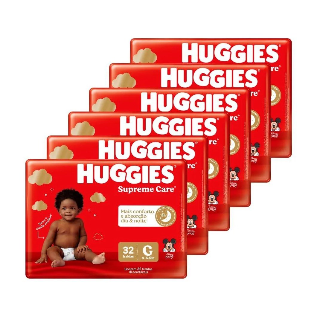 Fralda Descartável Huggies Supreme Care Tamanho G - 6 Pacotes com 32 Fraldas - Total 192 Tiras
