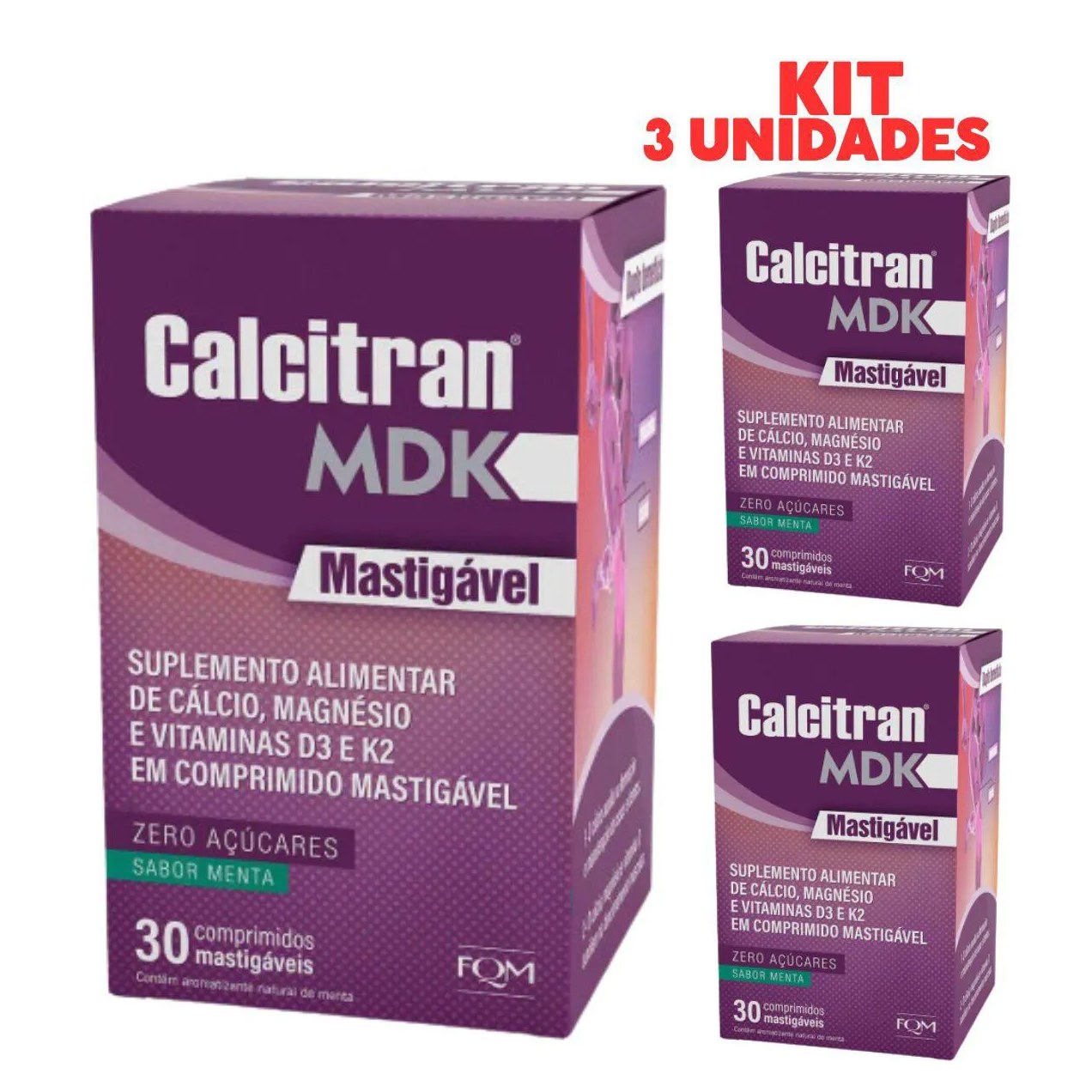 Kit 3 Calcitran Mdk Menta 30cp Mastigáveis Sublingual Zero Açucar