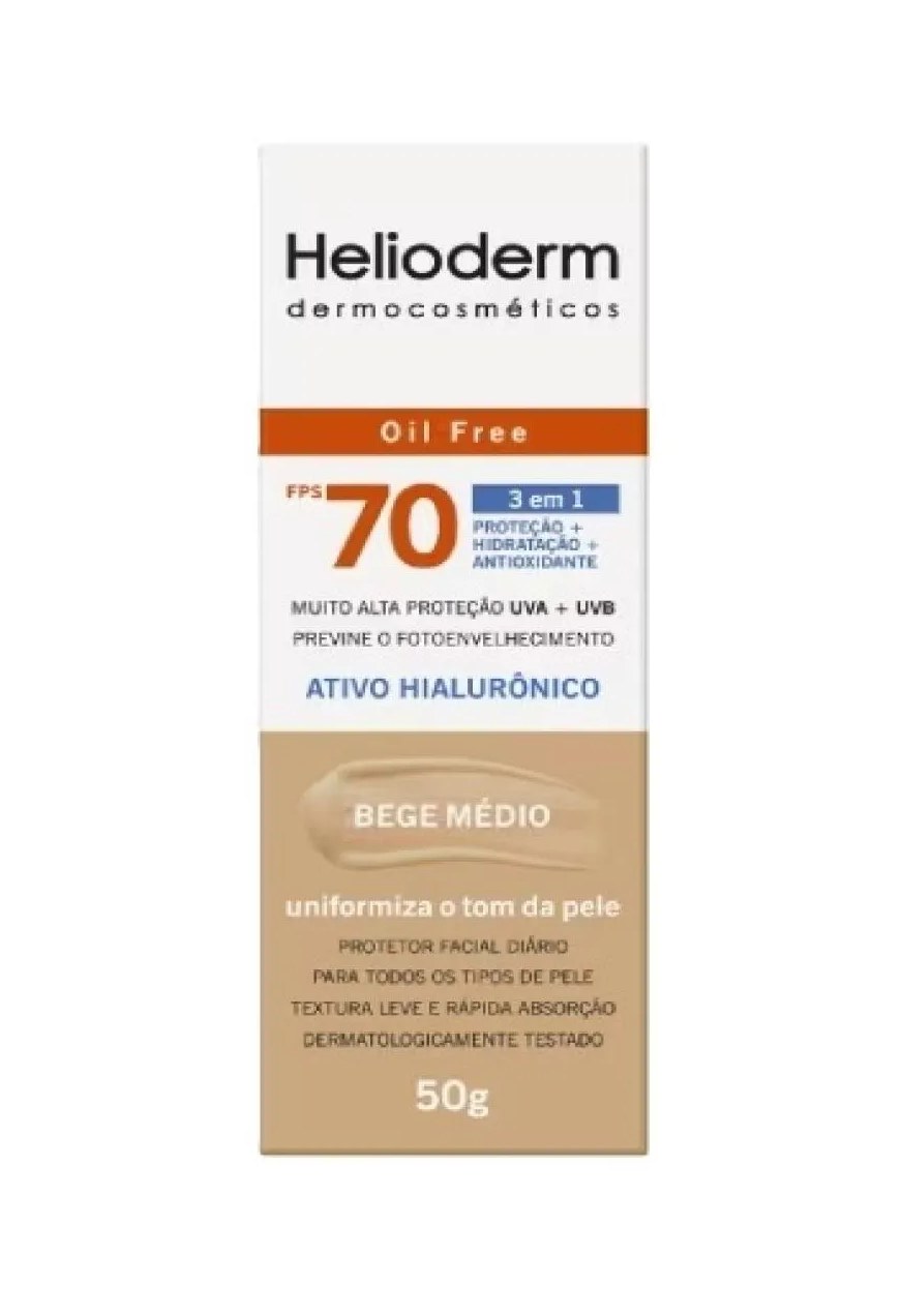 Heliodem Facial Bege Médio Fps 70 Oil Free Ativo Hialurônico 50G - Kley Hertz