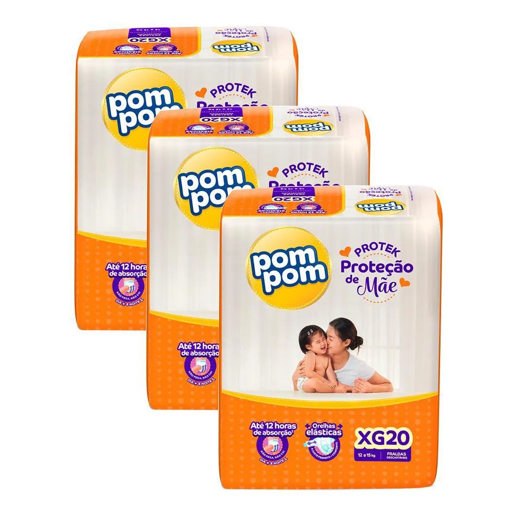 Kit 3 Fraldas Pom Pom Protek Proteção de Mãe Jumbo Xg com 20un Cada
