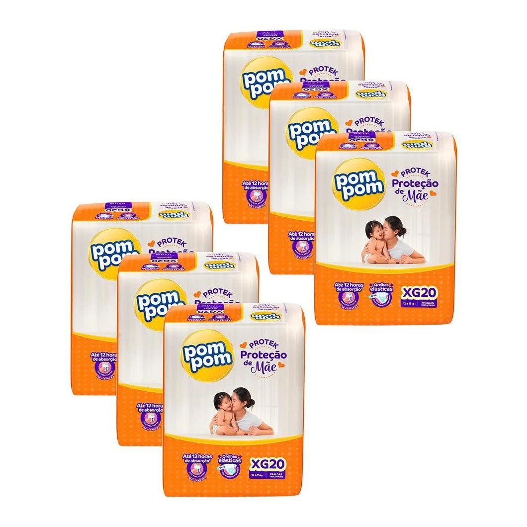 Kit 6 Fraldas Pom Pom Protek Proteção de Mãe Jumbo Xg com 20un Cada
