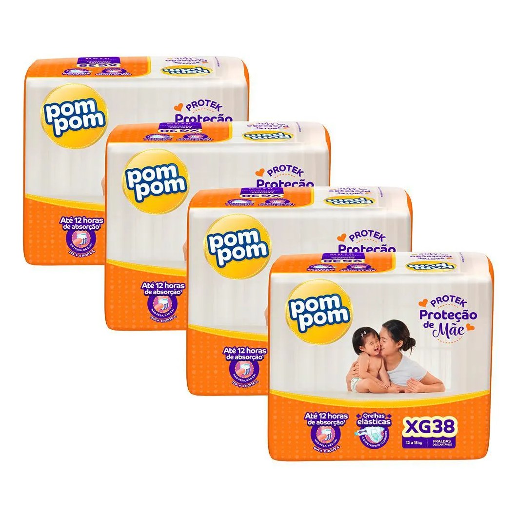 Kit 4 Fraldas Pom Pom Protek Proteção de Mãe Mega Xg com 38un Cada