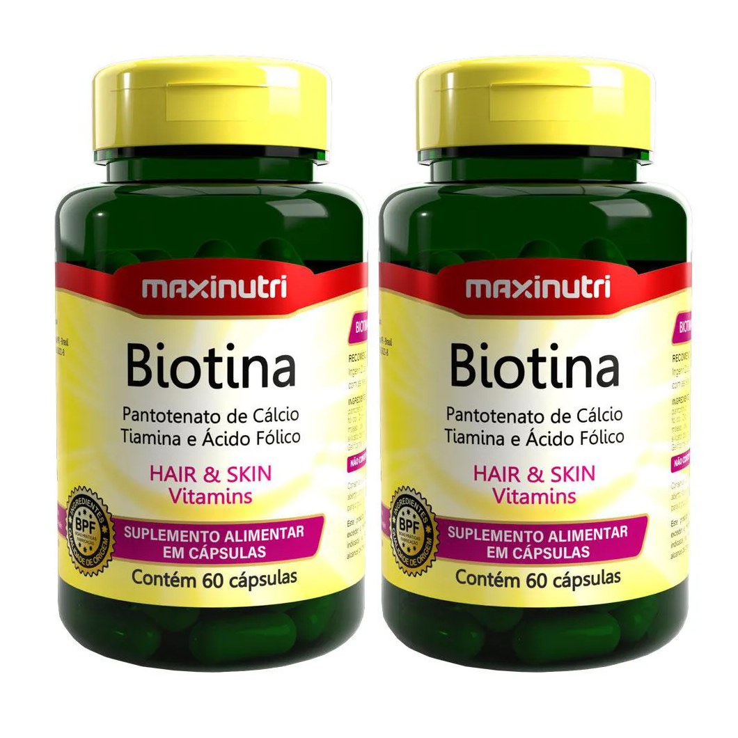 KIT 2 BIOTINA MAXINUTRI PANTOTENATO DE CáLCIO TIAMINA E ÁCIDO FóLICO 60 CáPSULAS