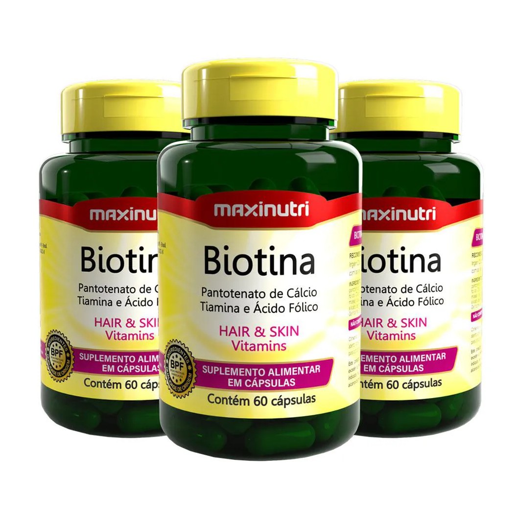Kit 3 Biotina Maxinutri Pantotenato de Cálcio Tiamina E Ácido Fólico 60 Cápsulas
