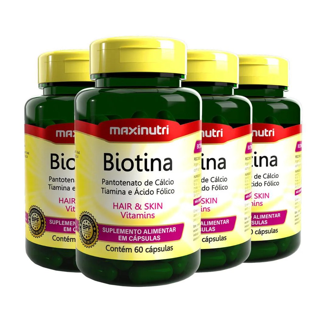 KIT 4 BIOTINA MAXINUTRI PANTOTENATO DE CáLCIO TIAMINA E ÁCIDO FóLICO 60 CáPSULAS