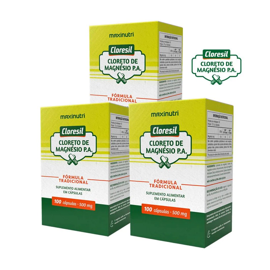 Kit 3 Cloresil Cloreto Magnésio P.a. Fórmula Tradicional 100 Cápsulas Maxinutri