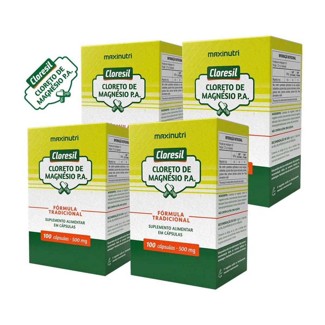 KIT 4 CLORESIL CLORETO MAGNéSIO P.A. FóRMULA TRADICIONAL 100 CáPSULAS MAXINUTRI
