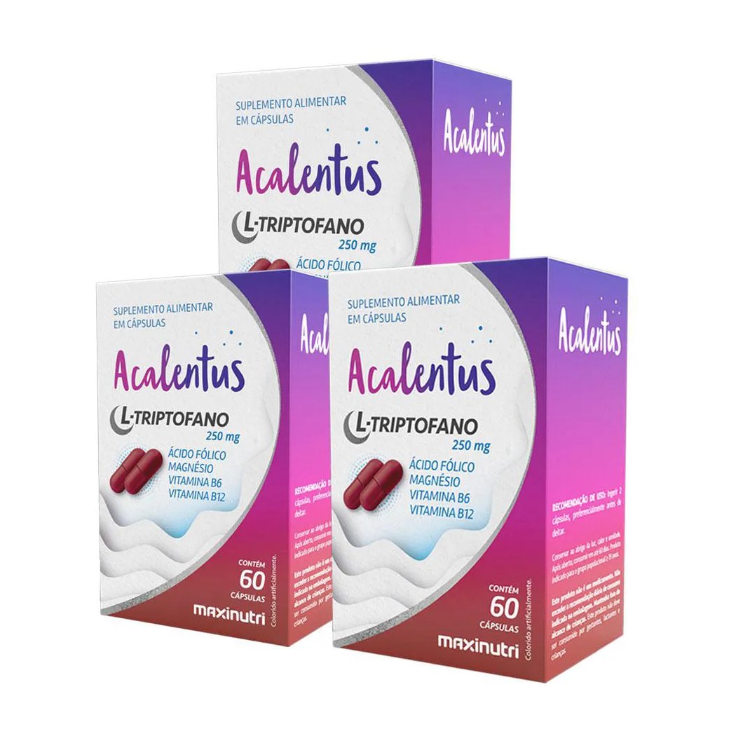 Kit 3 Acalentus L - Triptofano Ácido Fólico Magnésio Vitamina B6 E B12 Maxinutri 60 cápsulas