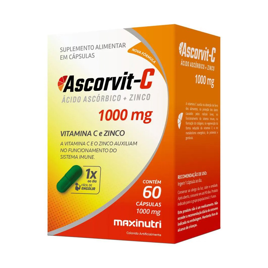 ASCORVIT ÁCIDO ASCóRBICO VITAMINA C E ZINCO 60 CáPULAS MAXINUTRI
