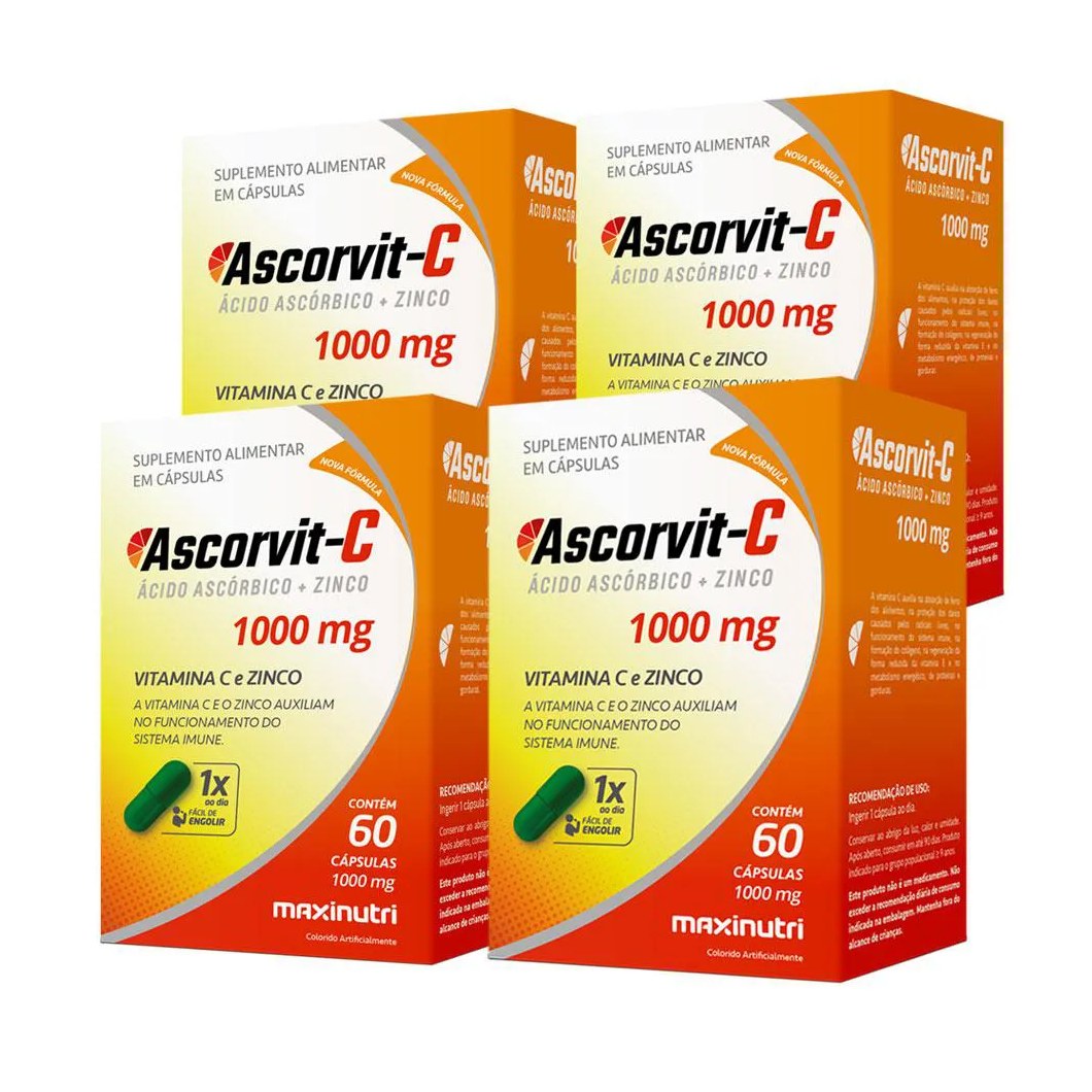 KIT 4 ASCORVIT ÁCIDO ASCóRBICO VITAMINA C E ZINCO 60 CáPULAS MAXINUTRI