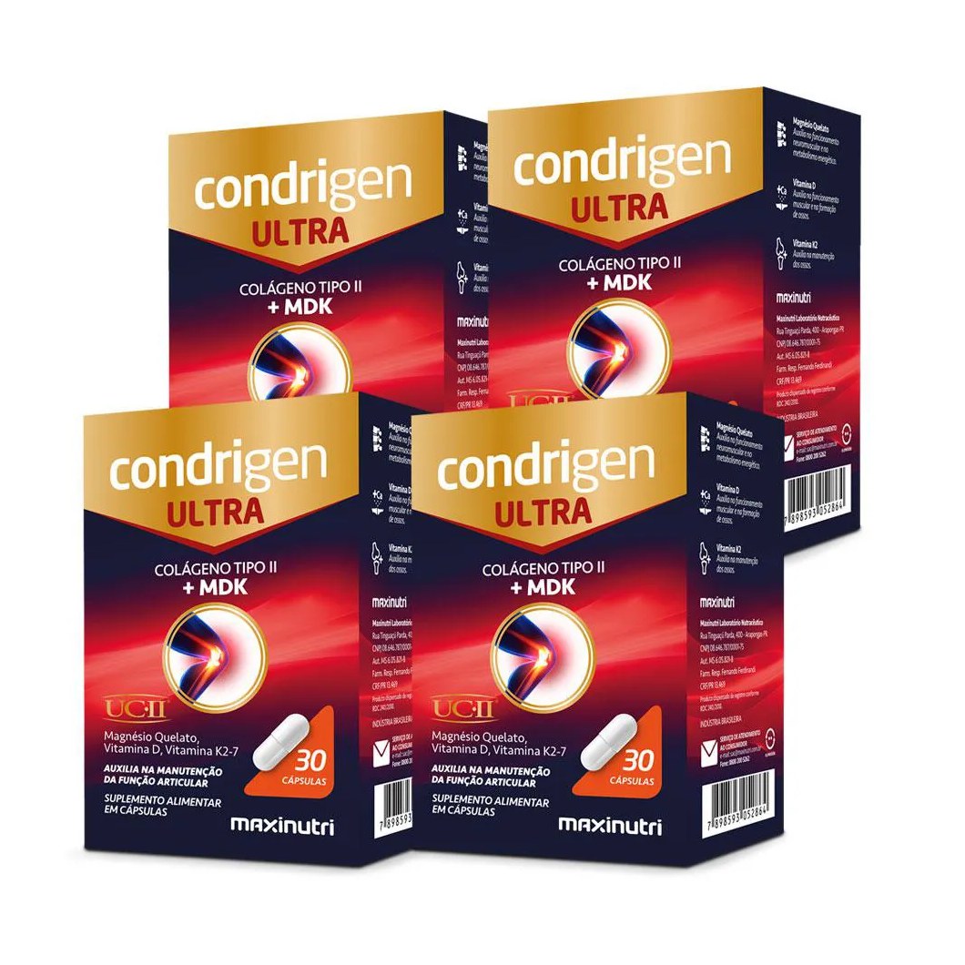 Kit 4 Condrigen Ultra Colágeno 2 Ucii + Magnésio Quelato Vitamina K2 - 7 30 cápsulas Maxinutri