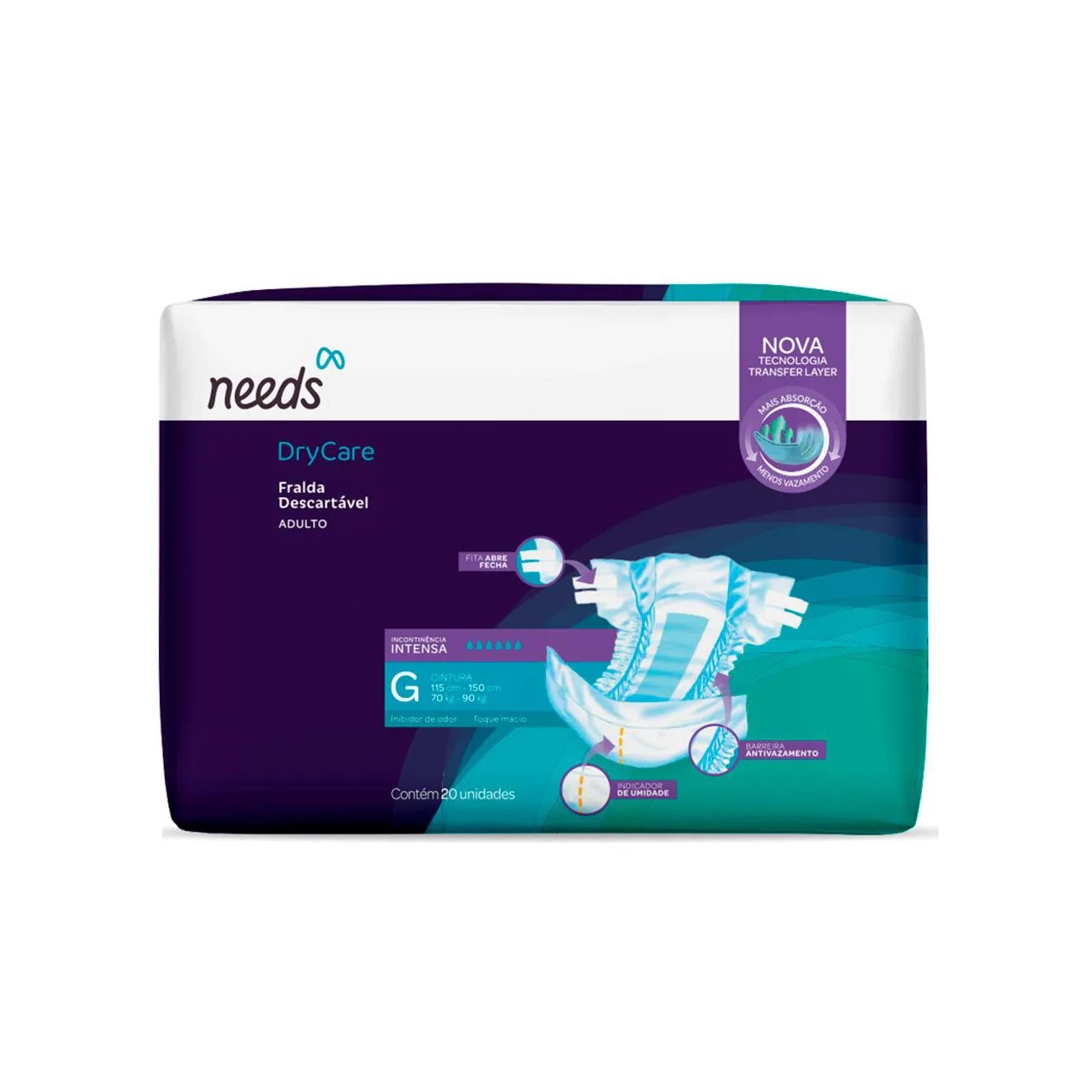 Fralda Geriátrica DryCare descartável Needs G Intensa 20 unidades