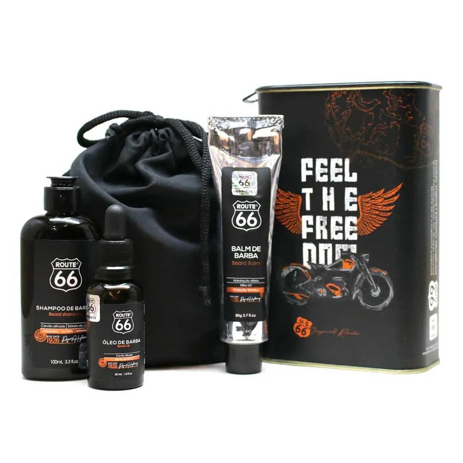 Kit Barba Route 66: Shampoo + Balm + Óleo + Bag + Lata Viking (consulte Estampa)