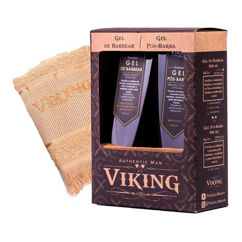 Kit Barbear Presente: Gel de Barbear + Gel Pós Barba + Toalha Viking