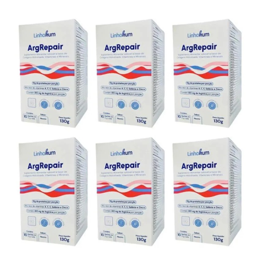 Kit 6 Pack Suplemento Argrepair Cicatrização Pós Op Linhahum 130g Branco Neutro
