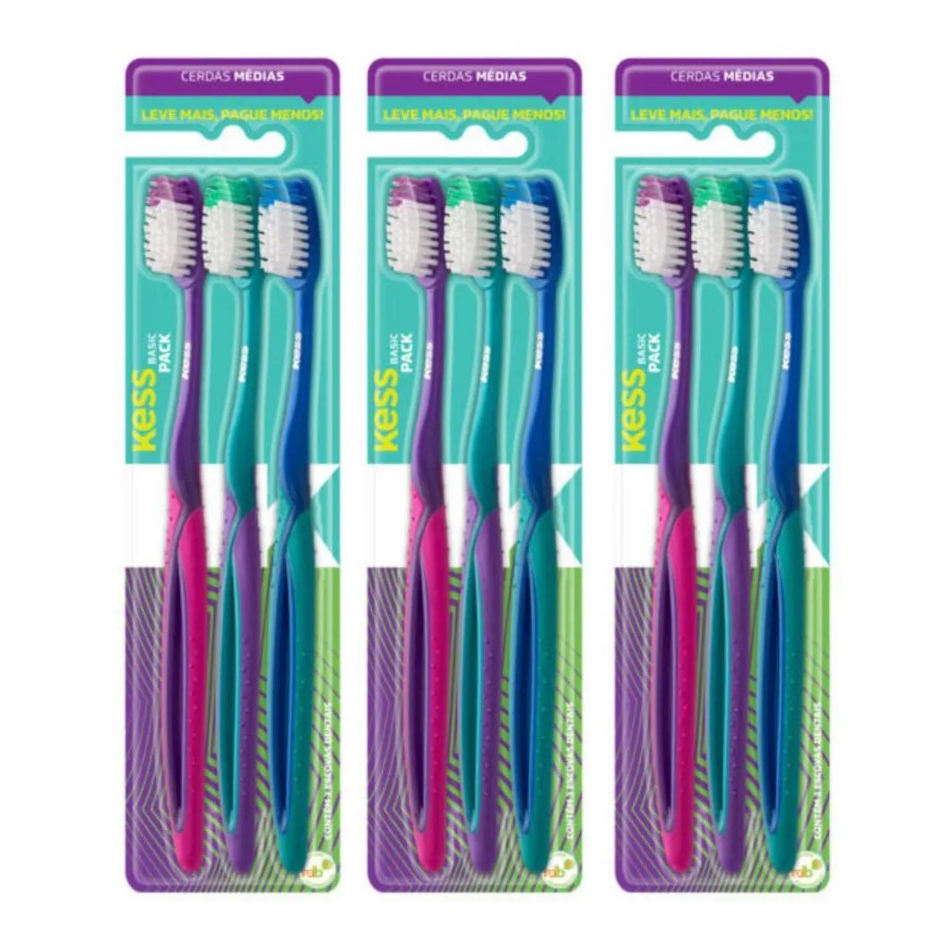 Kit Escova Dental Kess Basic Plus Cerdas Médias Cód.2564 C/3