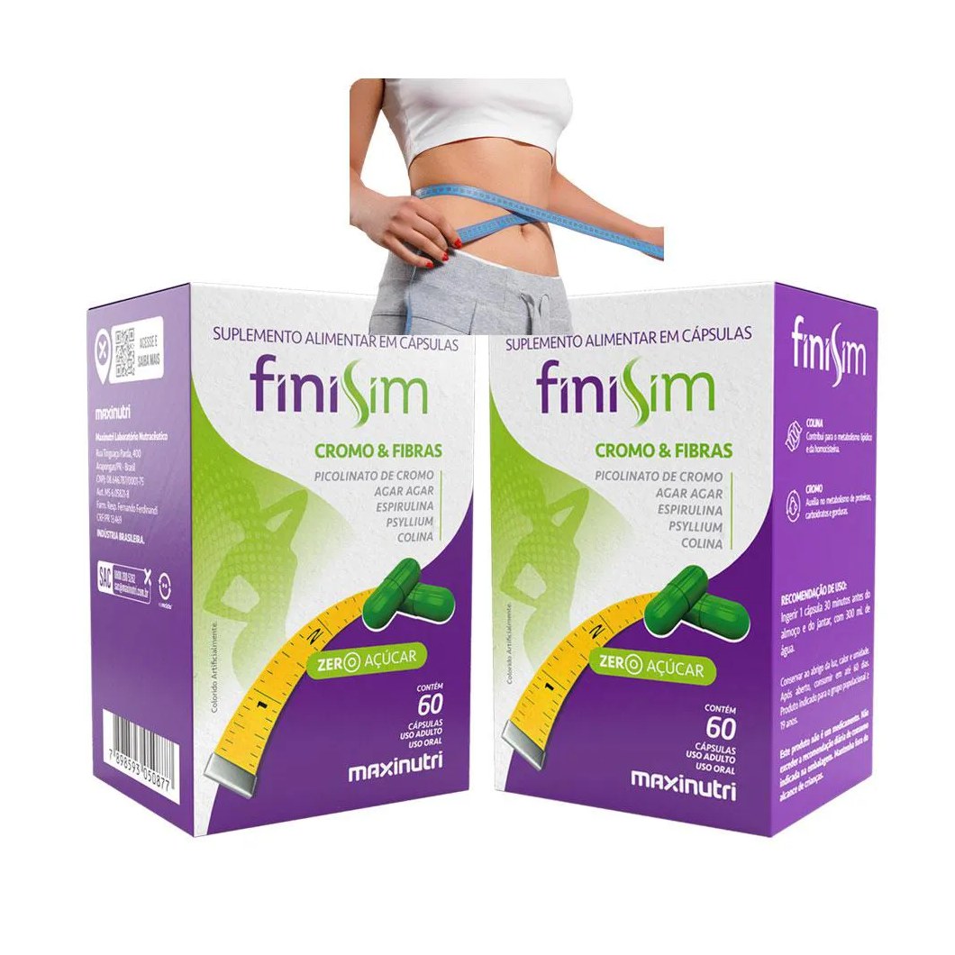 KIT 2 FINISIM CROMO COLINA ÁGAR ESPIRULINA E PSYLLIUM 60 CáPS MAXINUTRI