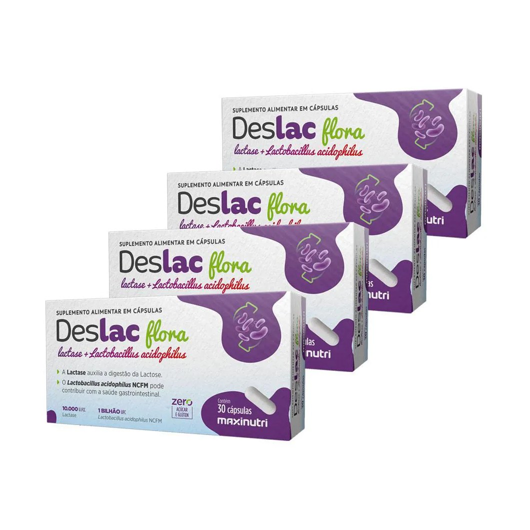 KIT 4 DESLAC FLORA LACTASE + LACTOBACILLUS ACIDOPHILUS 30 CáPS MAXINUTRI