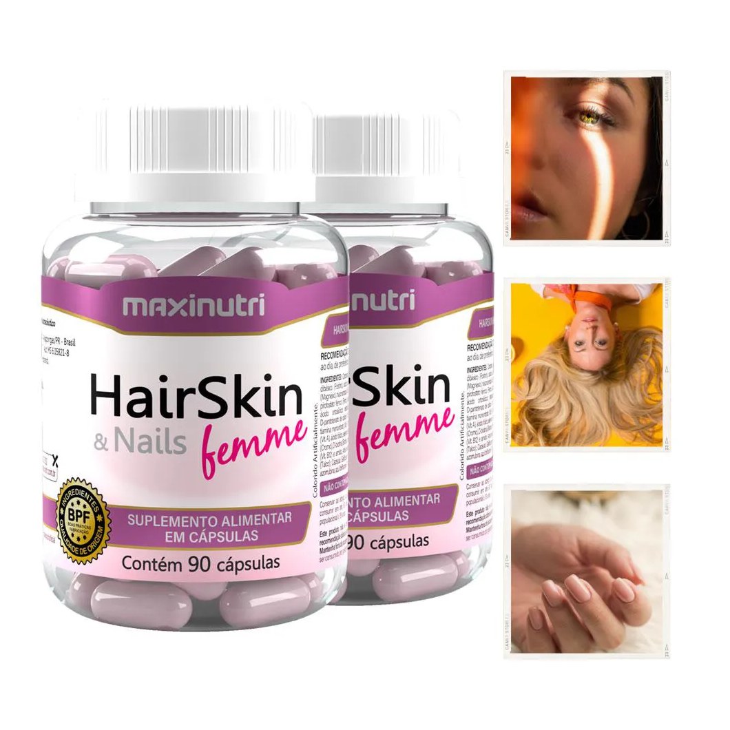KIT 2 HAIRSKIN NAILS FEMME CABELOS PELE E UNHAS 90 CáPS MAXINUTRI