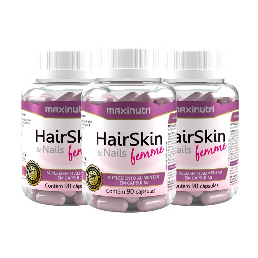 KIT 3 HAIRSKIN NAILS FEMME BIOTINA E MINERAIS 90 CáPS MAXINUTRI
