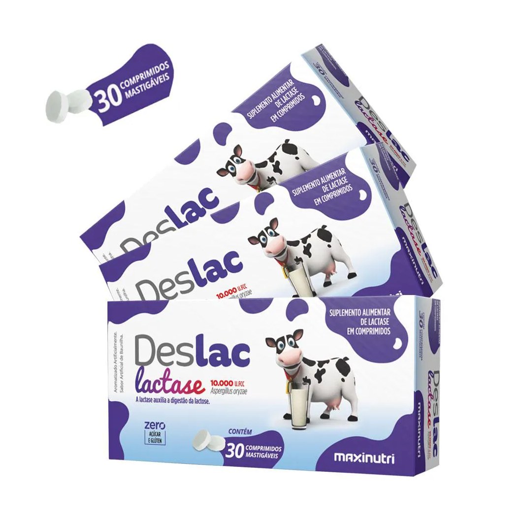 KIT 3 DESLAC LACTASE ENZIMA MASTIGáVEL 30 COMPRIMIDOS MAXINUTRI