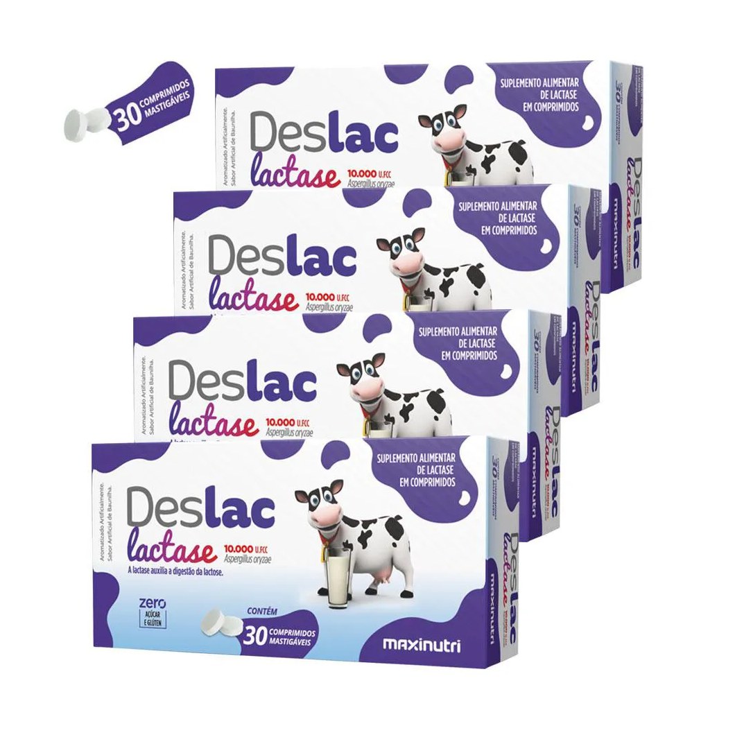 KIT 4 DESLAC LACTASE ENZIMA MASTIGáVEL 30 COMPRIMIDOS MAXINUTRI