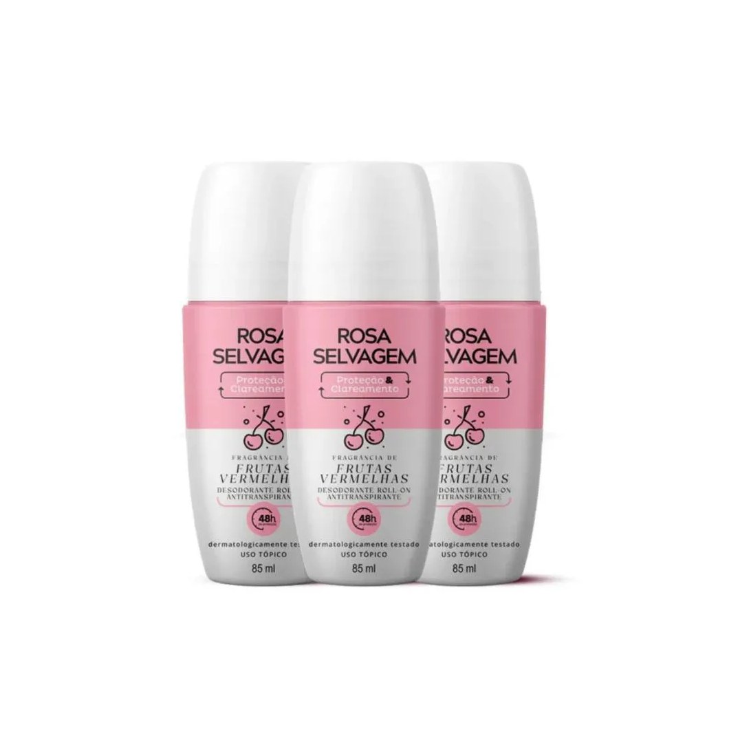 Kit 3 Desodorantes Roll-on Clareador Rosa Selvagem Frutas Vermelhas 85ml