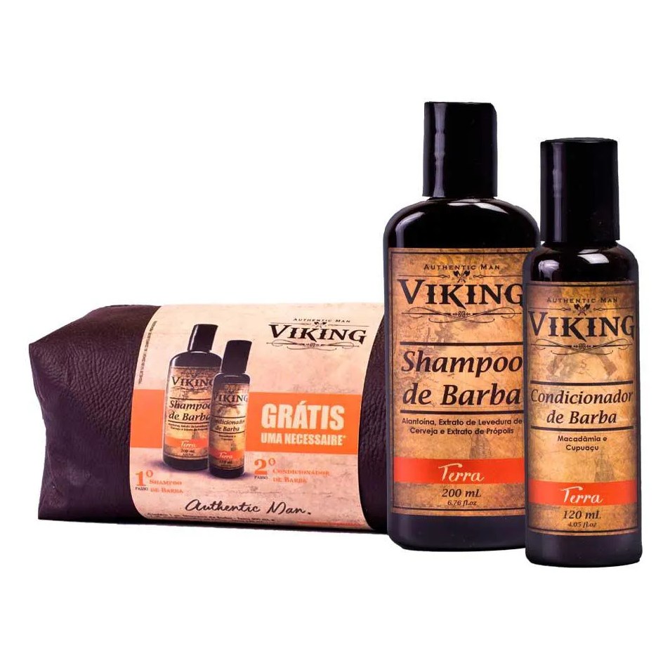 Kit Necessaire + Shampoo + Condicionador de Barba Linha Terra Viking